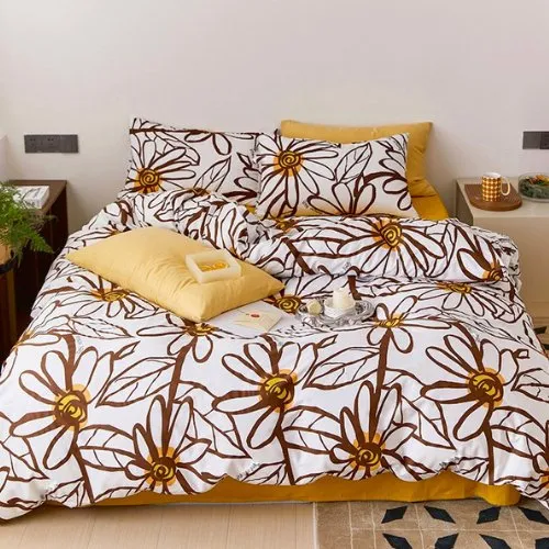 Single size bedding set 4 pieces without filler, Yellow Color Flower design