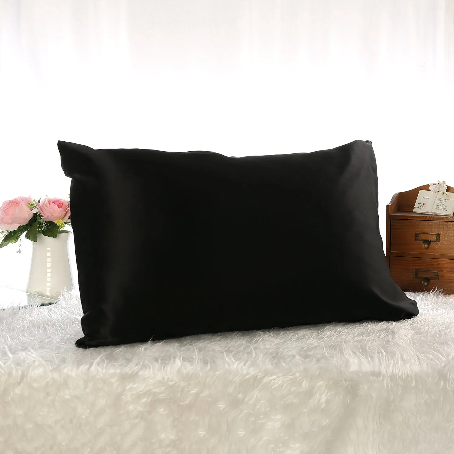 Standard Size Silk Pillowcase Single-Sided with Cotton Underside Hidden Zipper -Black