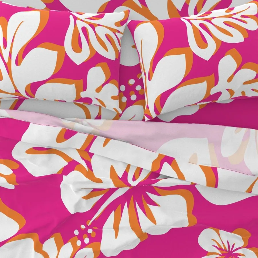 Surfer Girl Pink, Juicy Orange and White Hawaiian Flowers Sheet Set from Surfer Bedding™️ Large Scale