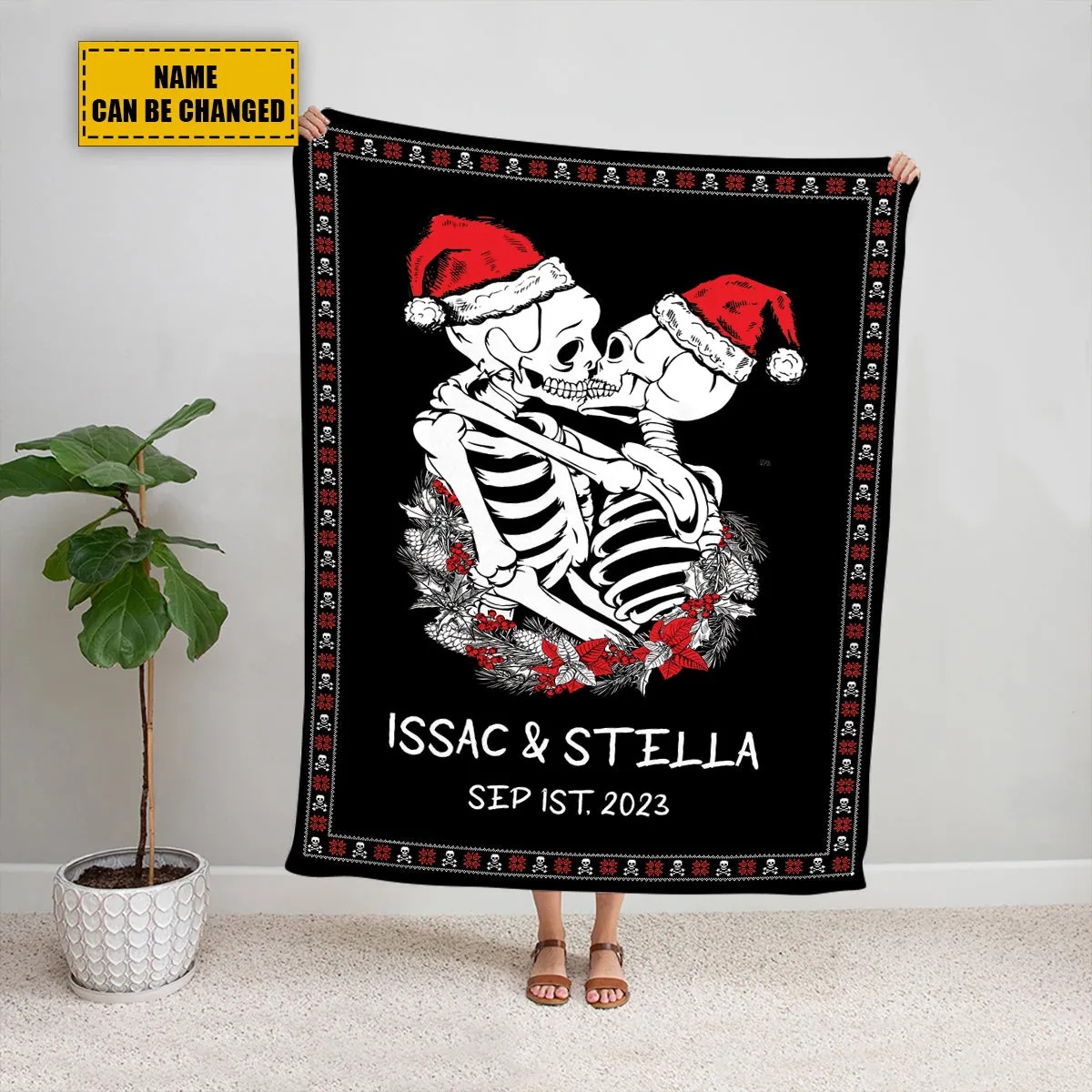 Teesdily | Personalized Skeleton Couple Name Christmas Fleece Throw Blanket Funny Skull Couple Kissing Sherpa Blanket Goth Couple Christmas Gifts