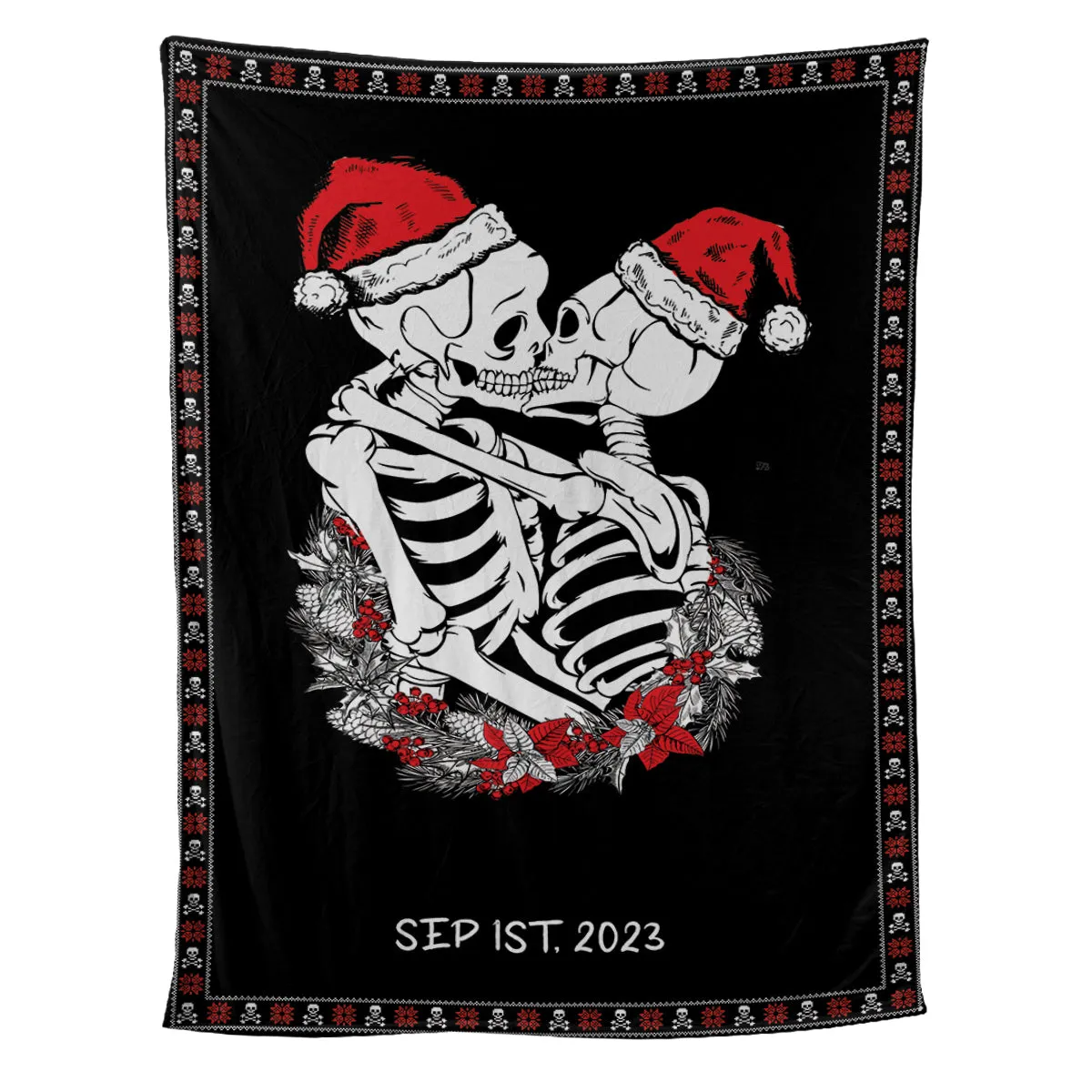 Teesdily | Personalized Skeleton Couple Name Christmas Fleece Throw Blanket Funny Skull Couple Kissing Sherpa Blanket Goth Couple Christmas Gifts