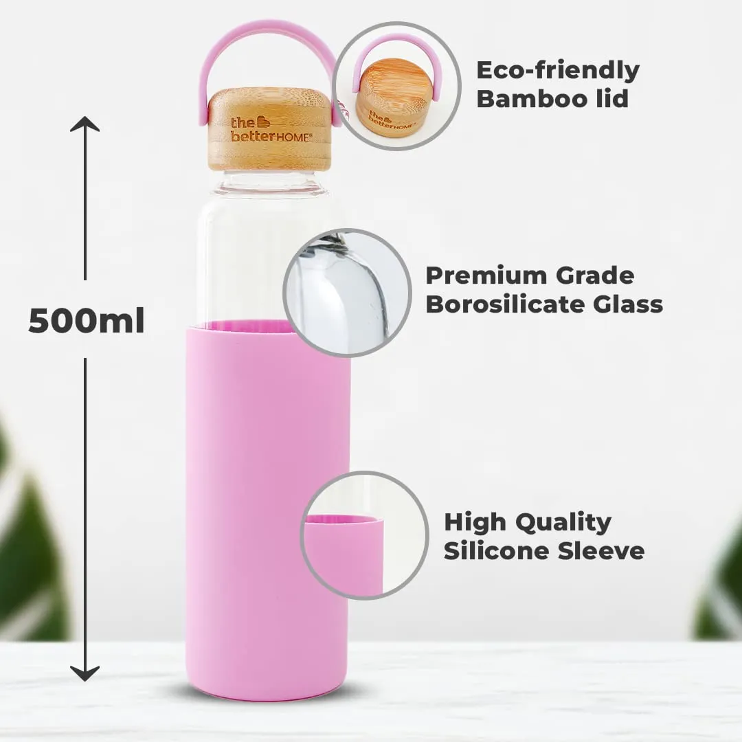 The Better Home Borosilicate Glass Water Bottle with Sleeve (500ml) | Non Slip Silicon Sleeve & Bamboo Lid | Fridge Water Bottles for Men, Women & Kids | Water Bottles for Fridge | Pink (Pack of 100)