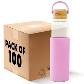 The Better Home Borosilicate Glass Water Bottle with Sleeve (500ml) | Non Slip Silicon Sleeve & Bamboo Lid | Fridge Water Bottles for Men, Women & Kids | Water Bottles for Fridge | Pink (Pack of 100)