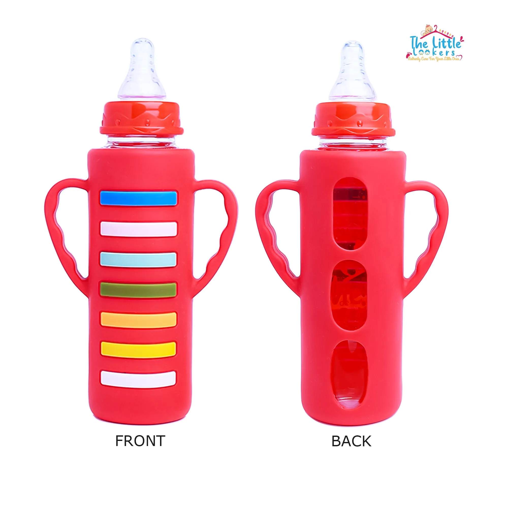 The Little Lookers High Borosilicate Glass Feeding Bottle with Handle Silicon Cover for Baby/Feeder for Newborn | Super Soft Flow Control & Anti Colic Nipple for Infants/Toddlers(Pack of 2)