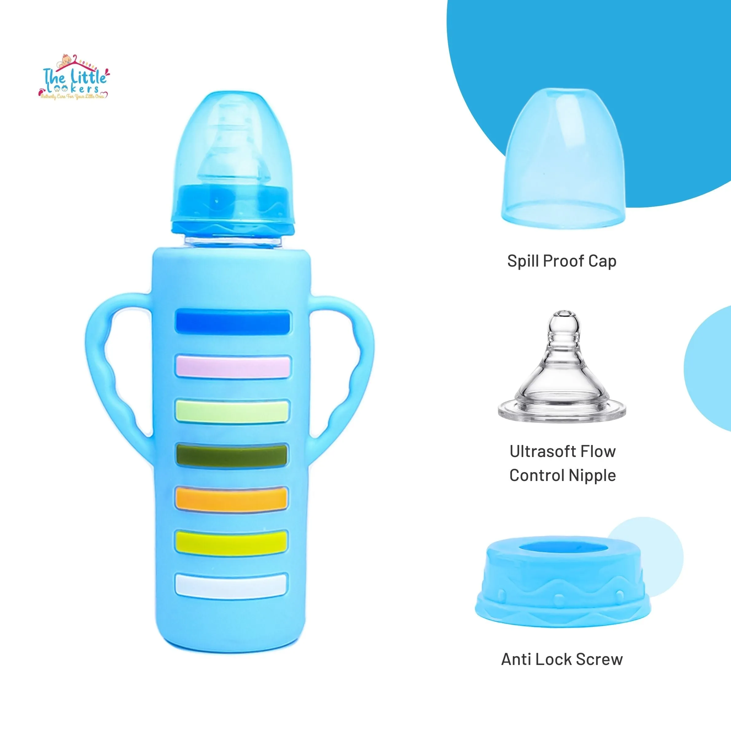 The Little Lookers High Borosilicate Glass Feeding Bottle with Handle Silicon Cover for Baby/Feeder for Newborn | Super Soft Flow Control & Anti Colic Nipple for Infants/Toddlers(Pack of 2)