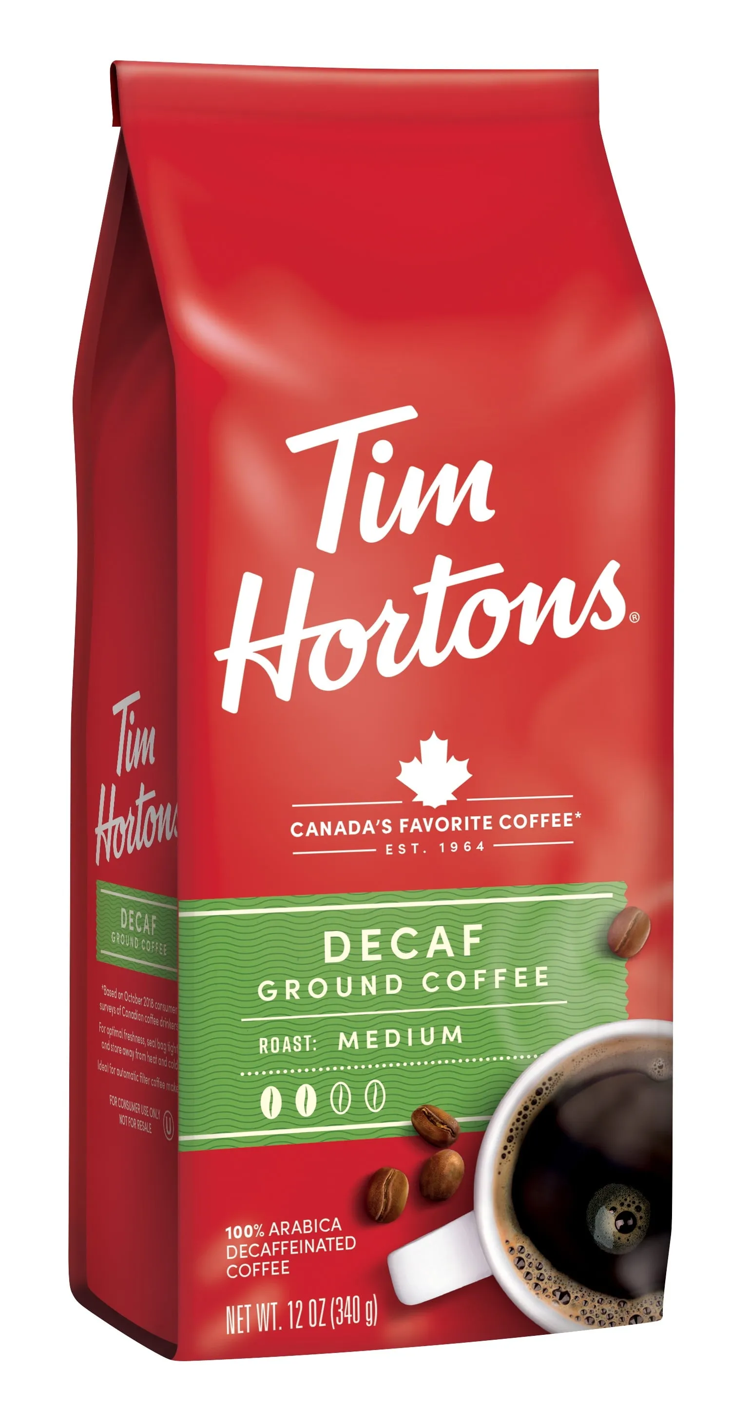 Tim Hortons Decaf Ground Coffee, 100% Arabica Medium Roast, Naturally Decaffeinated, 12 oz