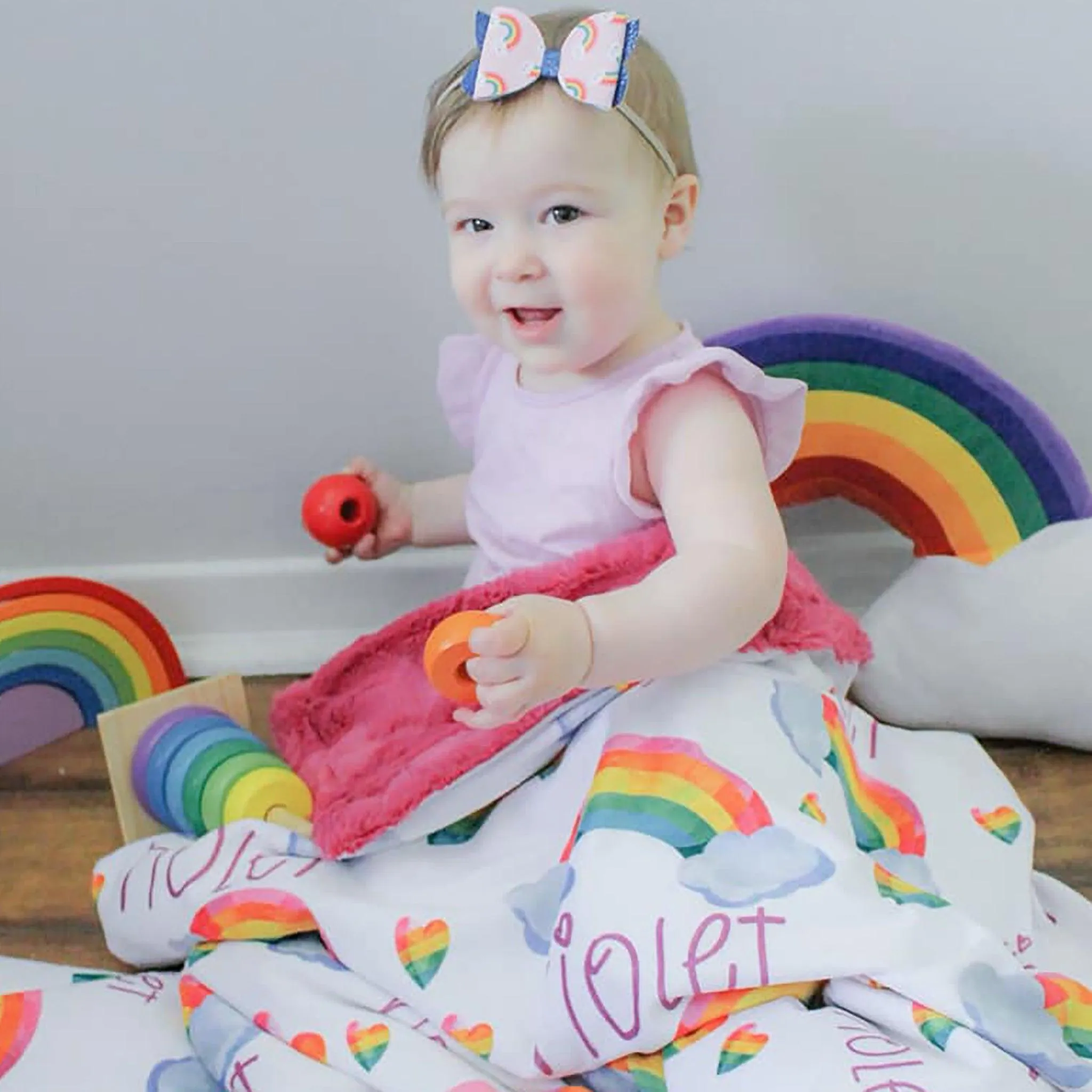 Vibrant Rainbow Print Personalized Minky Blanket (Plush Minky)