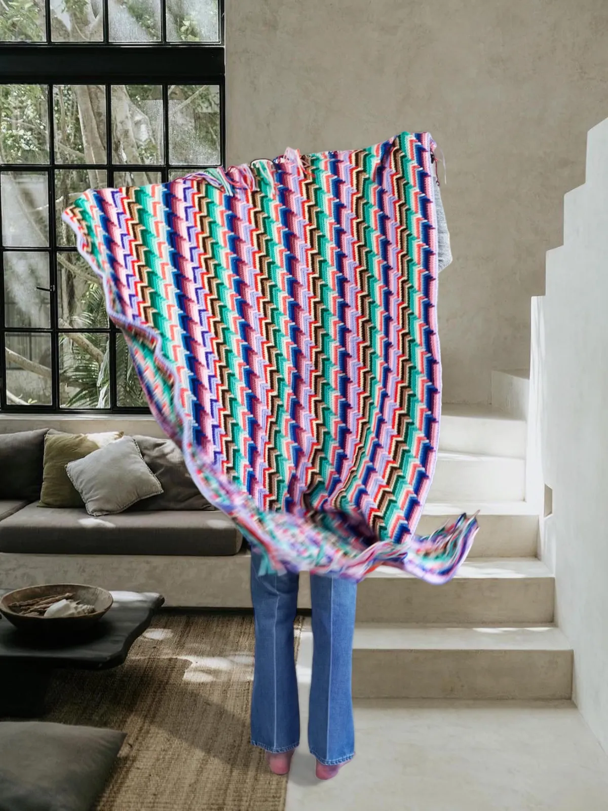 Vintage Wavelength Fringe Blanket