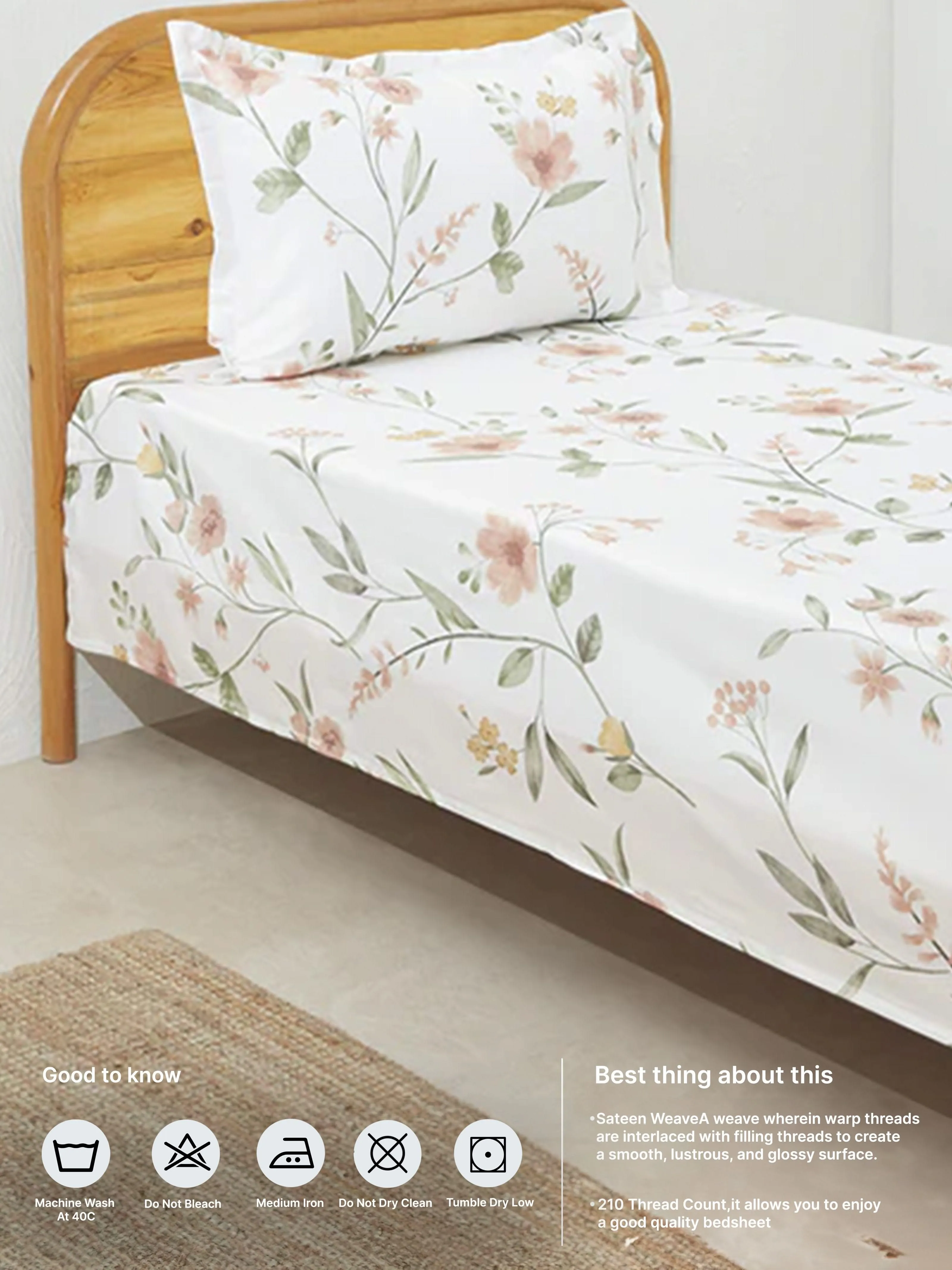 Westside Home Floral Shrimp Pink Single-Bed Flat Sheet and Pillowcase Set