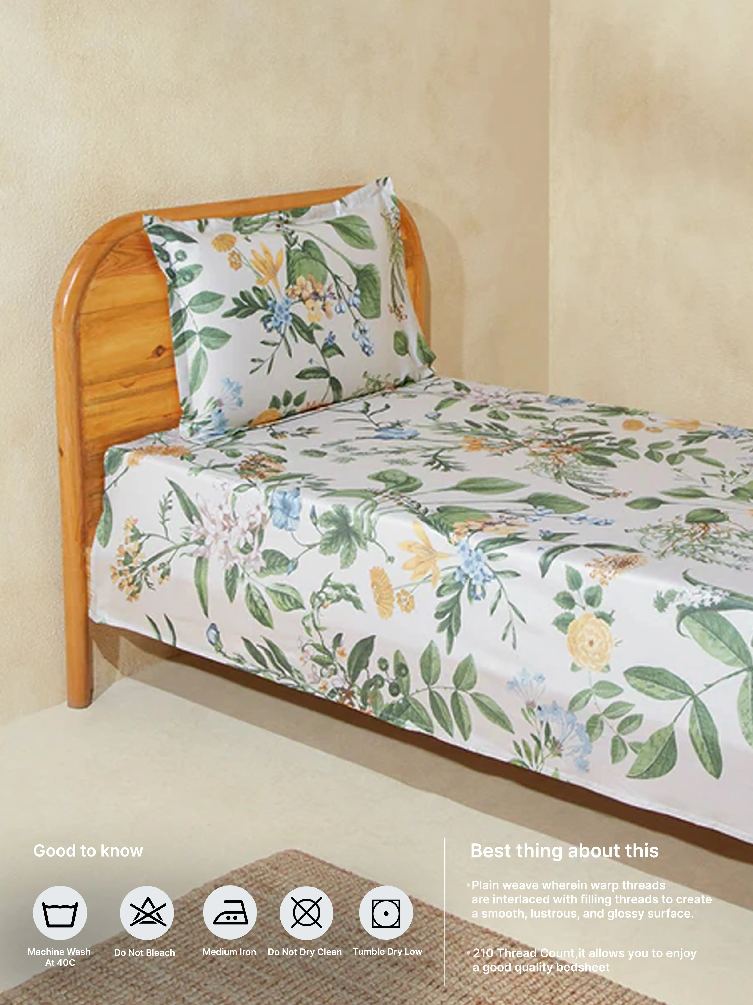 Westside Home Mint Floral Single Bed Flat Sheet and Pillowcase Set