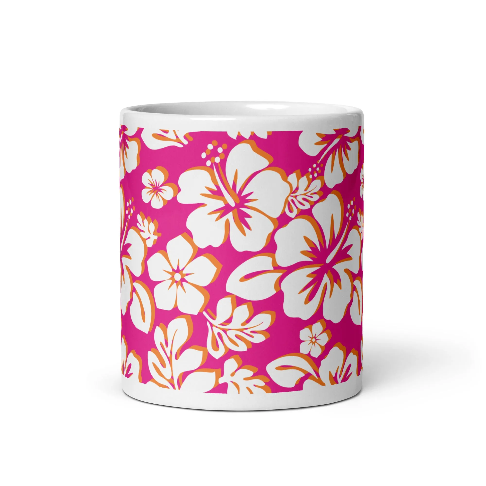 White and Orange Hawaiian Flowers on Hot Pink Coffee Mug