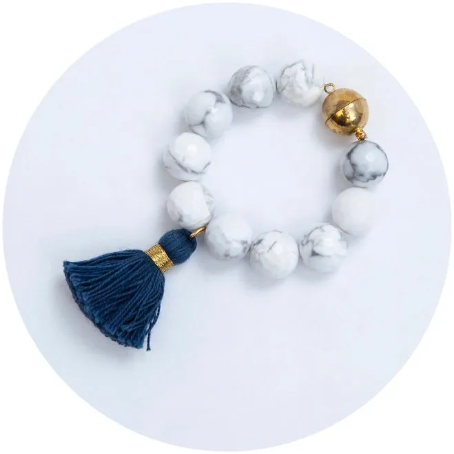 White Howlite with Navy Tassel Wine Glass Marker & Napkin Ring- Set of 4