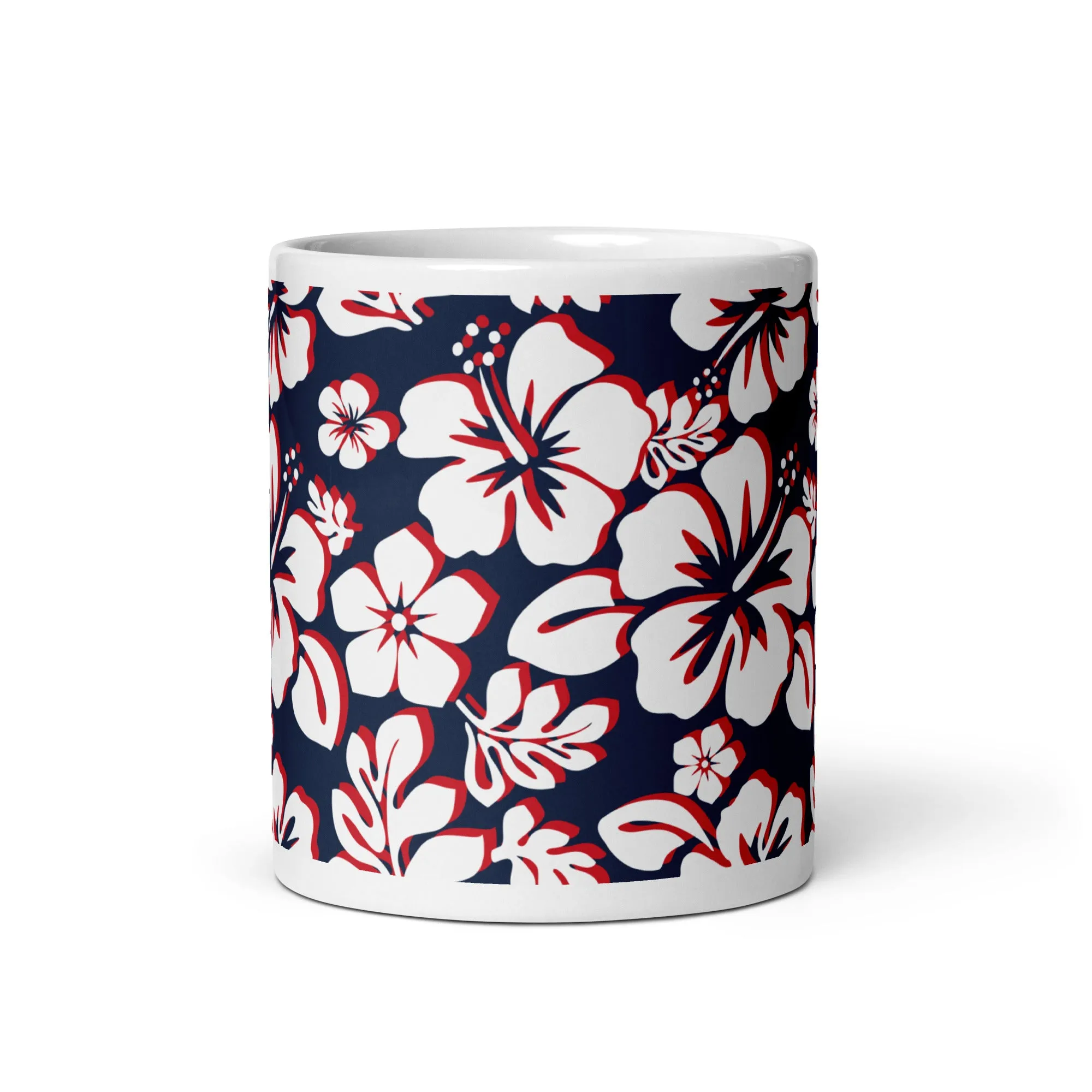 White with Red Hawaiian Flowers on Navy Blue Coffee Mug